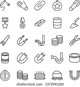 thin line vector icon set - safety pin vector, open, trowel, hand saw, siphon, sewerage, coins, clip, canned goods, tin, barrel, magnet, horseshoe, gas welding, steel repair key, aluminum radiator
