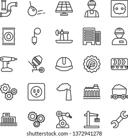 thin line vector icon set - builder vector, workman, concrete mixer, drill, power socket type b, f, buildings, construction helmet, plummet, star gear, core, solar panel, oil derrick, water pipes