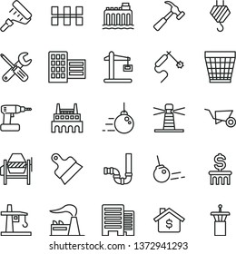 thin line vector icon set - wicker pot vector, hook, big core, building trolley, concrete mixer, small tools, cordless drill, paint roller, siphon, buildings, city block, ceramic tiles, putty knife