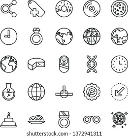 thin line vector icon set - sign of the planet vector, add label, roly poly doll, birthday cake, star gear, wall clock, left bottom arrow, CD, earth, cheese, pizza, onion, glazed with a hole, watch