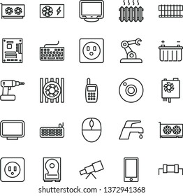 thin line vector icon set - camera vector, keyboard, cordless drill, power socket type b, faucet mixer, smartphone, battery, assembly robot, cast iron radiator, mobile phone, fan, mouse, pc supply