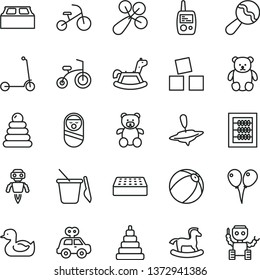 thin line vector icon set - new abacus vector, beanbag, baby rattle, rubber duck, bath ball, stacking rings, toy, motor vehicle present, roly poly doll, mobile phone, children's sand set, teddy bear