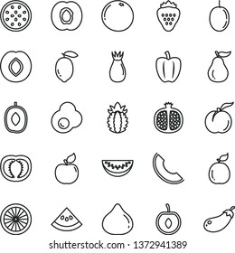 thin line vector icon set - fried egg vector, strawberry, ripe peach, half apricot, pomegranate, plum, rose hip, fig, slice of melon, delicious, water, cherry, passion fruit, lemon, orange, guava