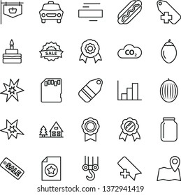 thin line vector icon set - add bookmark vector, minus, label, negative histogram, winch hook, car, Hot Dog, birthday cake, melon, tamarillo, CO2, jar, vintage sign, season sale, sd card, medal, map