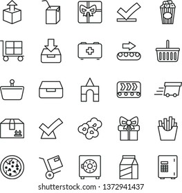 thin line vector icon set - cargo trolley vector, grocery basket, bag of a paramedic, packing juice with straw, box bricks, put in, drawer, strongbox, cardboard, package, shipment, unpacking, pizza