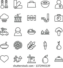 thin line vector icon set - heart symbol vector, cloud, plastic fork spoons, drumroll, color samples, siphon, ceramic tiles, camera, a bowl of rice porridge, plate fruit, kiwi, slice lemon, guava