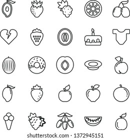 thin line vector icon set - Child T shirt vector, broken heart, torte, glazed cake with a hole, plate of milk, cone, strawberry, peach, grape, branch, apricot, red apple, plum, raspberry, melon