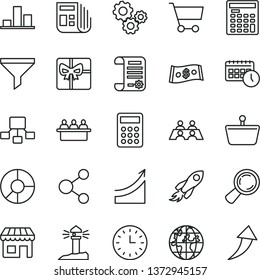 thin line vector icon set - kiosk vector, cart, shopping basket, coastal lighthouse, court hearing, magnifier, filter, connection, space rocket, gears, planet, chart, hierarchical scheme, dollar