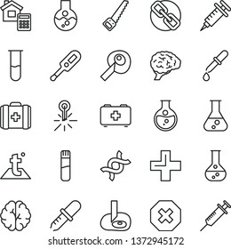 thin line vector icon set - mark of injury vector, spectacles, plus, electronic thermometer e, bag a paramedic, medical, arm saw, estimate, temperature, round flask, mercury, test tube, dna, brain