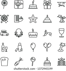 thin line vector icon set - colored air balloons vector, balloon, cake, birthday, Easter, torte, Chupa Chups, lollipop, glass, gift, giftbox, wine, champagne, car baggage, passenger, hotel, beach