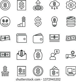thin line vector icon set - purse vector, column of coins, denomination the dollar, article on, financial item, catch a coin, wallet, money, cash, rain, pedestal, gear, idea, eyes, growth, mail, atm