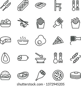 thin line vector icon set - plates and spoons vector, a chair for feeding, plastic fork, iron, sausage, stick of, cheese, pizza, piece, Hot Dog, burger, spaghetti, noodles, porridge, bacon, chop