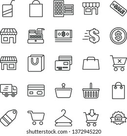 thin line vector icon set - paper bag vector, grocery basket, dollar, e, city block, put in cart, crossed, with handles, cards, kiosk, hanger, label, stall, shopping, reverse side of a bank card