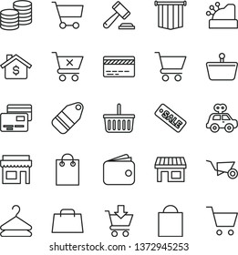 thin line vector icon set - paper bag vector, grocery basket, bank card, hammer of a judge, motor vehicle present, building trolley, cart, put in, crossed, cards, coins, hanger, label, stall, wallet
