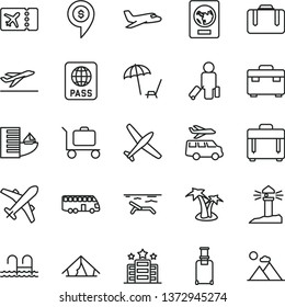 thin line vector icon set - suitcase vector, case, passport, coastal lighthouse, dollar pin, plane, bus, passenger, rolling, ticket, departure, hotel, tent, beach, arnchair under umbrella, palm tree