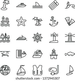 thin line vector icon set - anchor vector, small fish, sea port, commercial seaport, lighthouse, coastal, planet, sand castle, sail boat, hotel, beach, palm tree, starfish, flippers, diving mask