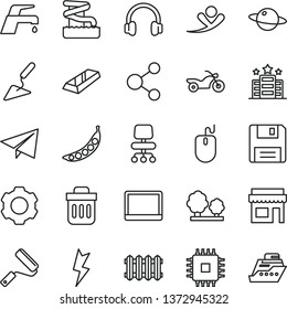 thin line vector icon set - paper airplane vector, building trowel, new roller, lightning, radiator, faucet mixer, planet, peas, trees, connection, notebook pc, mouse, cpu, headphones, trash bin