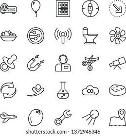 thin line vector icon set - renewal vector, dummy, new abacus, balloon, comfortable toilet, operator, artificial satellite, right bottom arrow, a plate of fruits, piece meat, coconut, flask, CO2, map