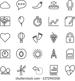 thin line vector icon set - stopwatch vector, graph, footprints, balloon, lock, heart, speech, microphone, notes, move left, large grape, plum, red pepper, wind energy, trees, production conveyor