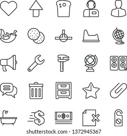 thin line vector icon set - bin vector, upward direction, dollar, potty chair, bath, star, heart, globe, nightstand, delete page, operator, megaphone, clip, Easter cake, chili, biscuit, repair key