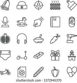 thin line vector icon set - graphite pencil vector, diaper, roly poly doll, small rocking horse, Kick scooter, warm hat, cordless drill, putty knife, bell, headphones, notebook, carrot, ripe pepper