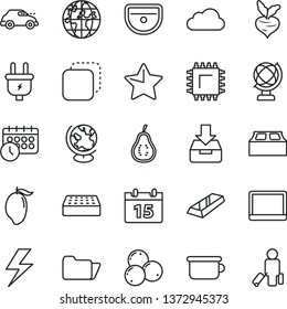 thin line vector icon set - lightning vector, children's potty, sink, brick, building block, calendar, star, globe, put in a box, copy, blueberries, mango, part of guava, beet, plug, retro car, smd