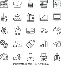 Thin Line Vector Icon Set - Monitor Vector, Wicker Pot, Paper Airplane, Cogwheel, Employee, Flowchart, Address Book, Suitcase, Put In Cart, Label, Production Conveyor, Construction Crane, Bar Chart