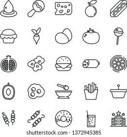 thin line vector icon set - beanbag vector, deep plate with a spoon, sausage, piece of cheese, eggs, fried vegetables on sticks, Hot Dog, big burger, cake, glazed hole, meat skewers, tomato, popcorn