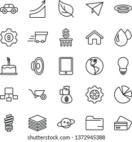 thin line vector icon set - folder vector, loudspeaker, motor vehicle, house, building trolley, saving light bulb, pile, cake, plate, leaf, planet Earth, gear, drop, hierarchical scheme, pie charts