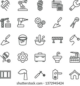 thin line vector icon set - repair key vector, tower crane, cogwheel, trowel, building, concrete mixer, window frame, adjustable wrench, cordless drill, paint bucket, suitcase, washbasin, door knob