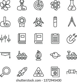 thin line vector icon set - planet vector, space rocket, scientific publication, flask, test tube, atom, nuclear, zoom, settings, book, biohazard, magnet, flame, scientist, graduate hat, clipboard