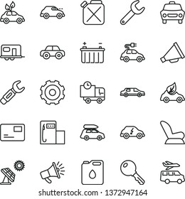 thin line vector icon set - truck lorry vector, horn, car child seat, motor vehicle, key, pass card, delivery, big solar panel, modern gas station, battery, canister, of oil, eco, electric, retro