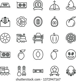 thin line vector icon set - plastic fork spoons vector, baby toy train, children's, concrete mixer, building level, ripe peach, squash, quince, half, melon, loquat, lemon, slice of, pineapple, star