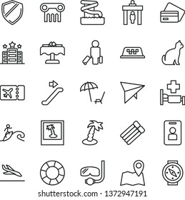thin line vector icon set - taxi vector, hang glider, escalator, security gate, passenger, plane ticket, arrival, credit card, arnchair under umbrella, palm tree, aquapark, hospital bed, restaurant