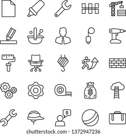 thin line vector icon set - paint roller vector, clean sheet of paper, bath ball, tower crane, brickwork, hook, cogwheel, drill, measuring tape, drawing, ceramic tiles, helmet, plummet, employee