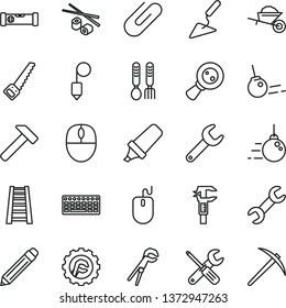 thin line vector icon set - graphite pencil vector, iron fork spoons, big core, garden trolley, building trowel, small tools, adjustable wrench, arm saw, stepladder, construction level, plummet