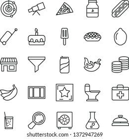 thin line vector icon set - first aid kit vector, window frame, comfortable toilet, strongbox, coins, piece of pizza, Hot Dog, torte, apple pie, chili, a glass soda, can, popsicle, jar jam, bananas
