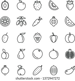 thin line vector icon set - cucumber vector, carrot, strawberry, apple, orange slice, peach, half pomegranate, medlar, of, blackberry, tasty mulberry, melon, water, loquat, goji berry, tangerine