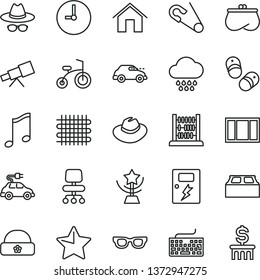 thin line vector icon set - keyboard vector, hat, with glasses, open pin, cloud, child bicycle, shoes, warm, abacus, window frame, building block, dangers, home, wall clock, star, music, weaving