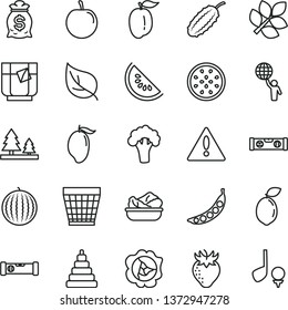 thin line vector icon set - warning vector, wicker pot, stacking toy, construction level, building, lettuce in a plate, glass of tea, squash, strawberry, water melon, slice, mango, ripe plum, tasty