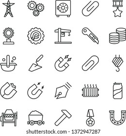 thin line vector icon set - clip vector, crane, hook, trowel, concrete mixer, star gear, stationery knife, hammer, strongbox, coins, soda can, power line, horseshoe magnet, metallurgy, three gears