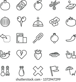 thin line vector icon set - cross vector, electronic thermometer e, tumbler, toy sand set, plastic fork spoons, yule, colored air balloons, broken heart, flag, move left, slices of onion, tomato