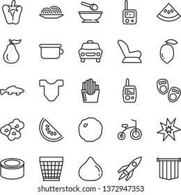 thin line vector icon set - wicker pot vector, Child T shirt, car seat, toy phone, mobile, deep plate with a spoon, children's potty, bicycle, shoes for little children, canned goods, onion, cabbage