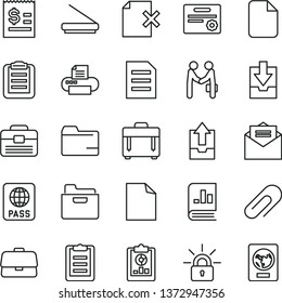 thin line vector icon set - clip vector, clean sheet of paper, folder, upload archive data, download, portfolio, received letter, case, passport, delete page, briefcase, statistical overview, file