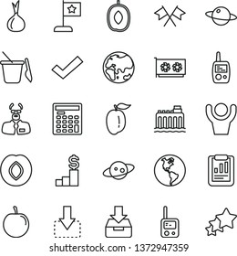 thin line vector icon set - check mark vector, toy phone, mobile, children's sand set, put in a box, planet, move down, plum, delicious, ripe, tasty, onion, Earth, hydroelectricity, gpu card, saturn