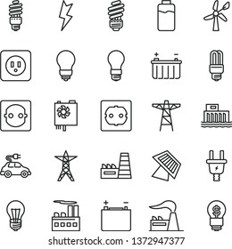 thin line vector icon set - saving light bulb vector, power socket type b, f, lightning, charge level, wind energy, factory, accumulator, battery, hydroelectric station, line, pole, electric plug