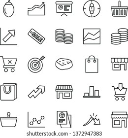 thin line vector icon set - grocery basket vector, growth up, line chart, graph, put in cart, crossed, bag with handles, kiosk, coins, piece of meat, tamarillo, stall, shopping, goal woman, a crisis