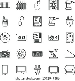 thin line vector icon set - camera vector, keyboard, cordless drill, plummet, screen, smartphone, lens, plug, electric, assembly robot, cast iron radiator, mobile phone, fan, mouse, pc power supply