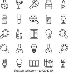 thin line vector icon set - incandescent lamp vector, magnifier, zoom out, window, frame, bulb, interroom door, a glass of soda, tea, cocktail, jar jam, liquor, round flask, mercury light, test tube