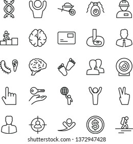 thin line vector icon set - women vector, children's tracks, workman, garden trolley, employee, index finger, pass card, lens, woman, man in sight, dollar, dna, brain, bactery, carrer stairway